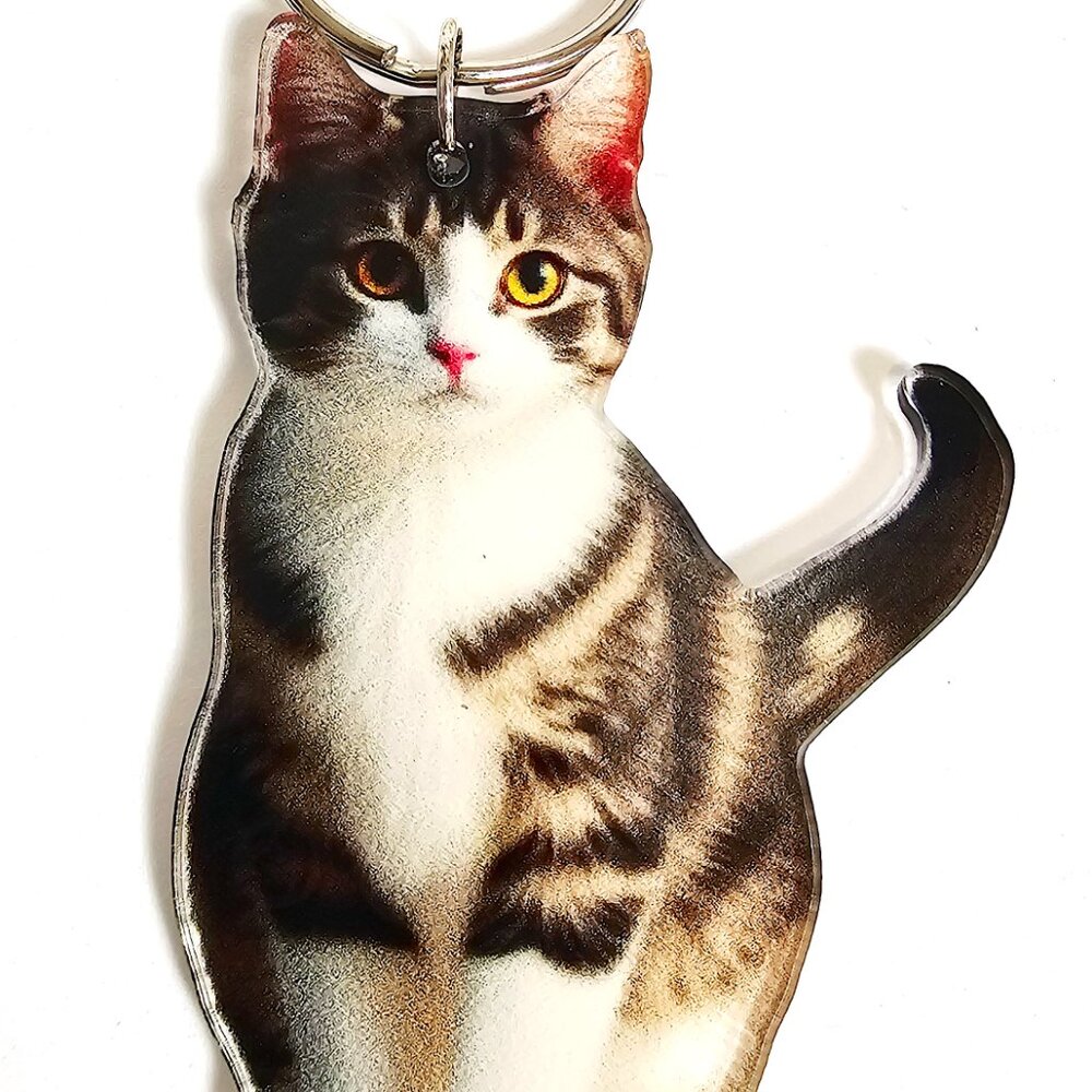 Gray White Tabby Cat Keychain 2D Acrylic Kitty Key Ring Purse Backpack Charm